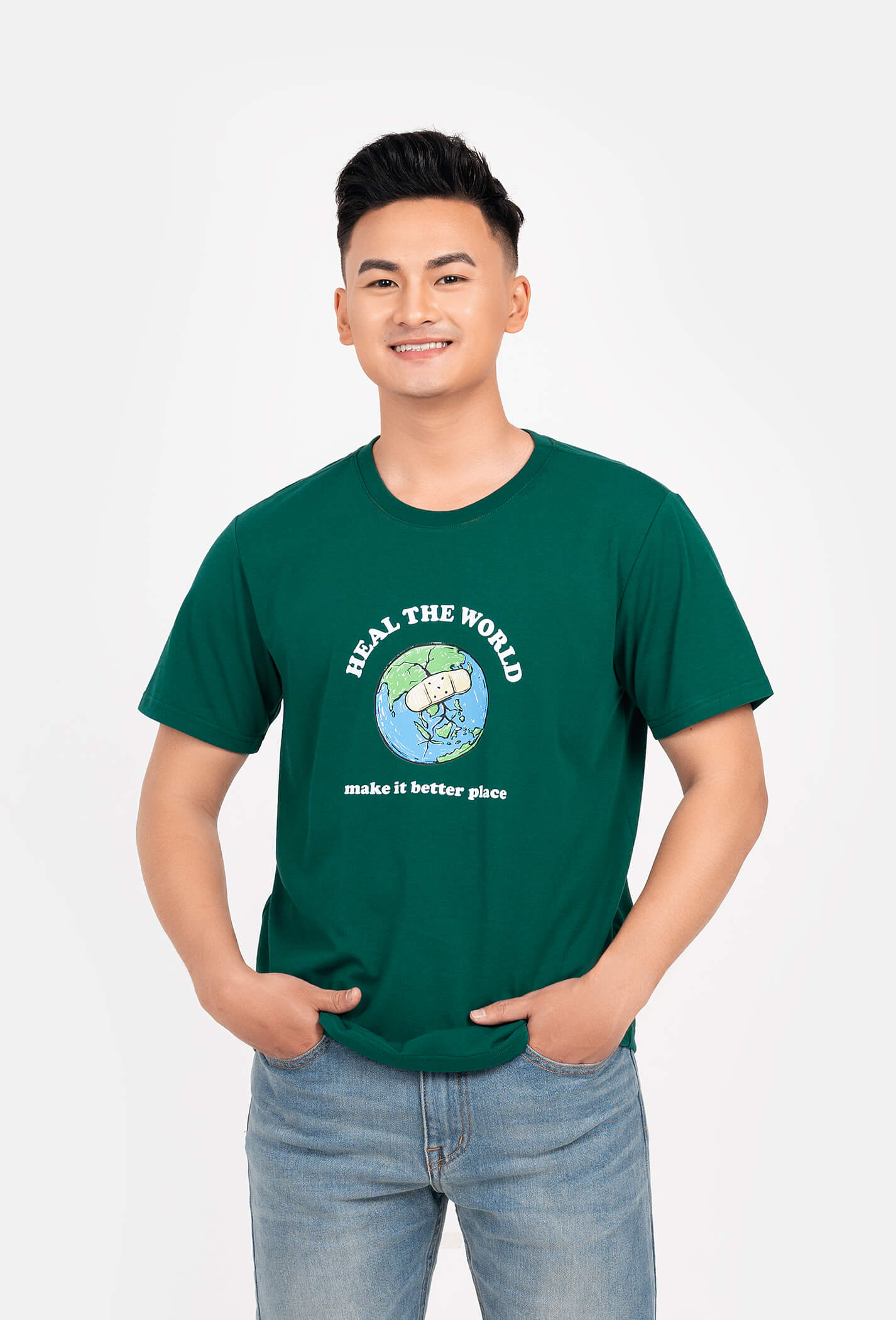 FLASH SALE - Áo thun in Heal The World Clean Vietnam - màu Xanh Forest 