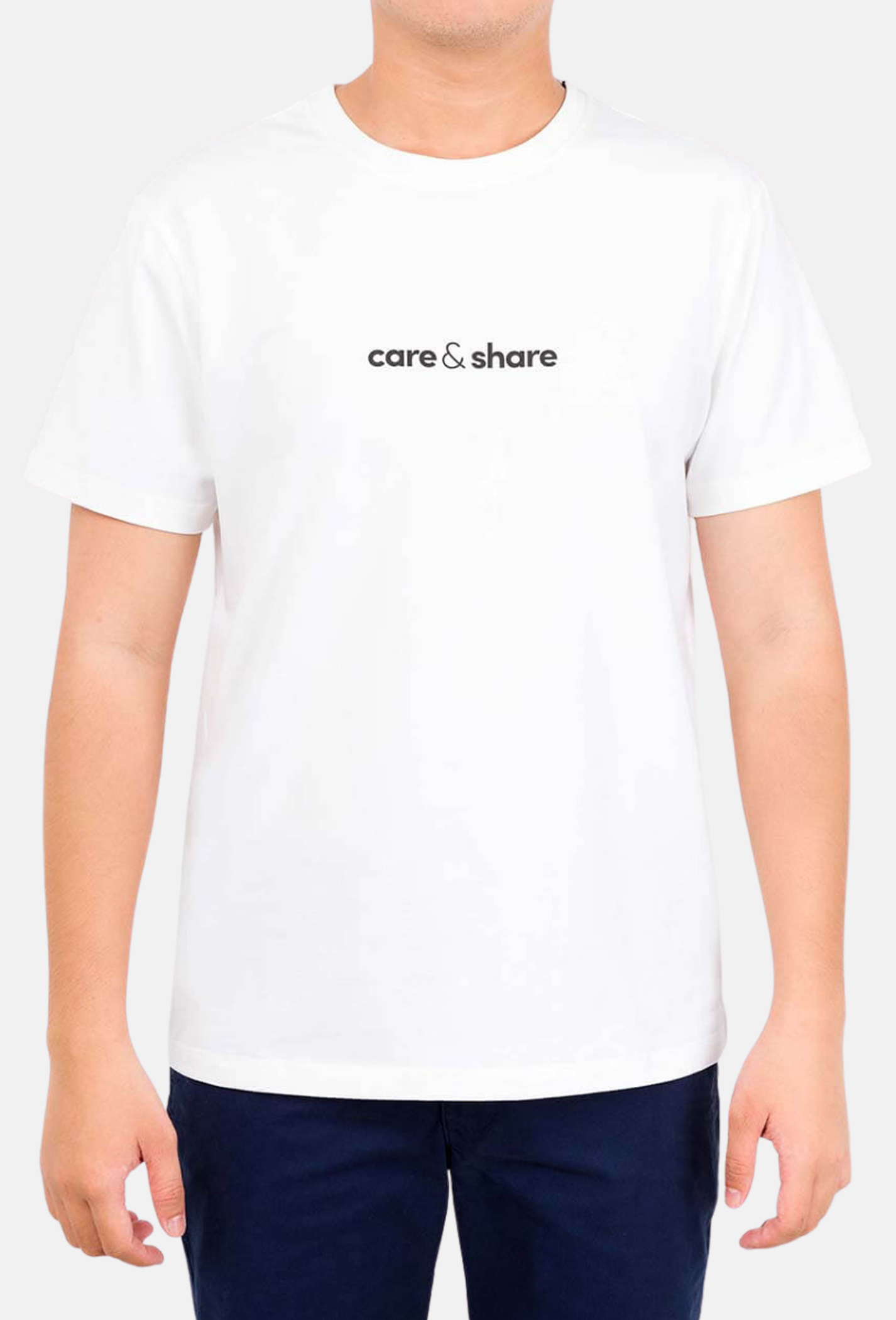 Áo thun nam Cotton Compact phiên bản Premium in Care & Share giữa áo màu trắng  1