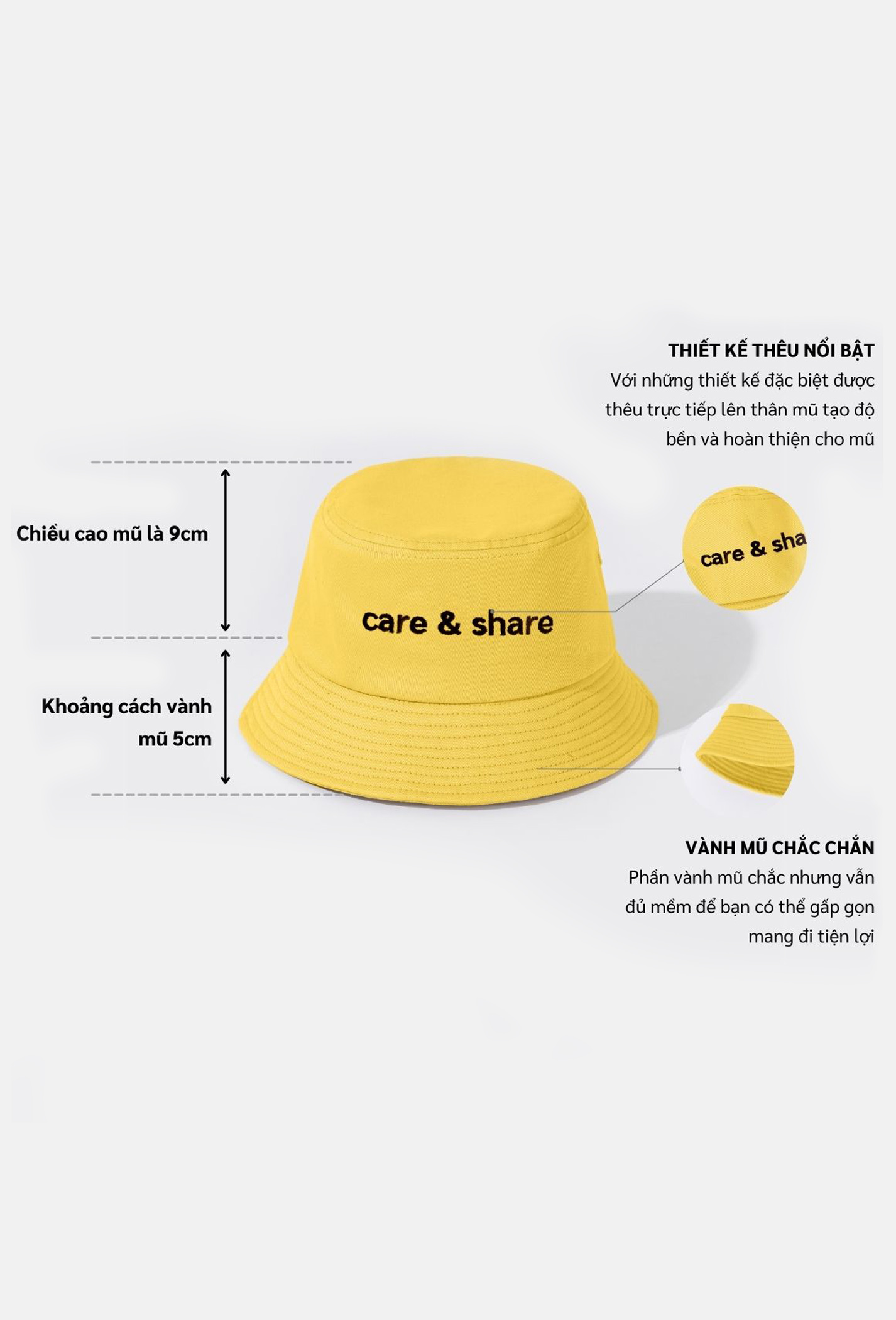 Mũ/Nón Bucket Hat thêu Care & Share Typo Vàng 2