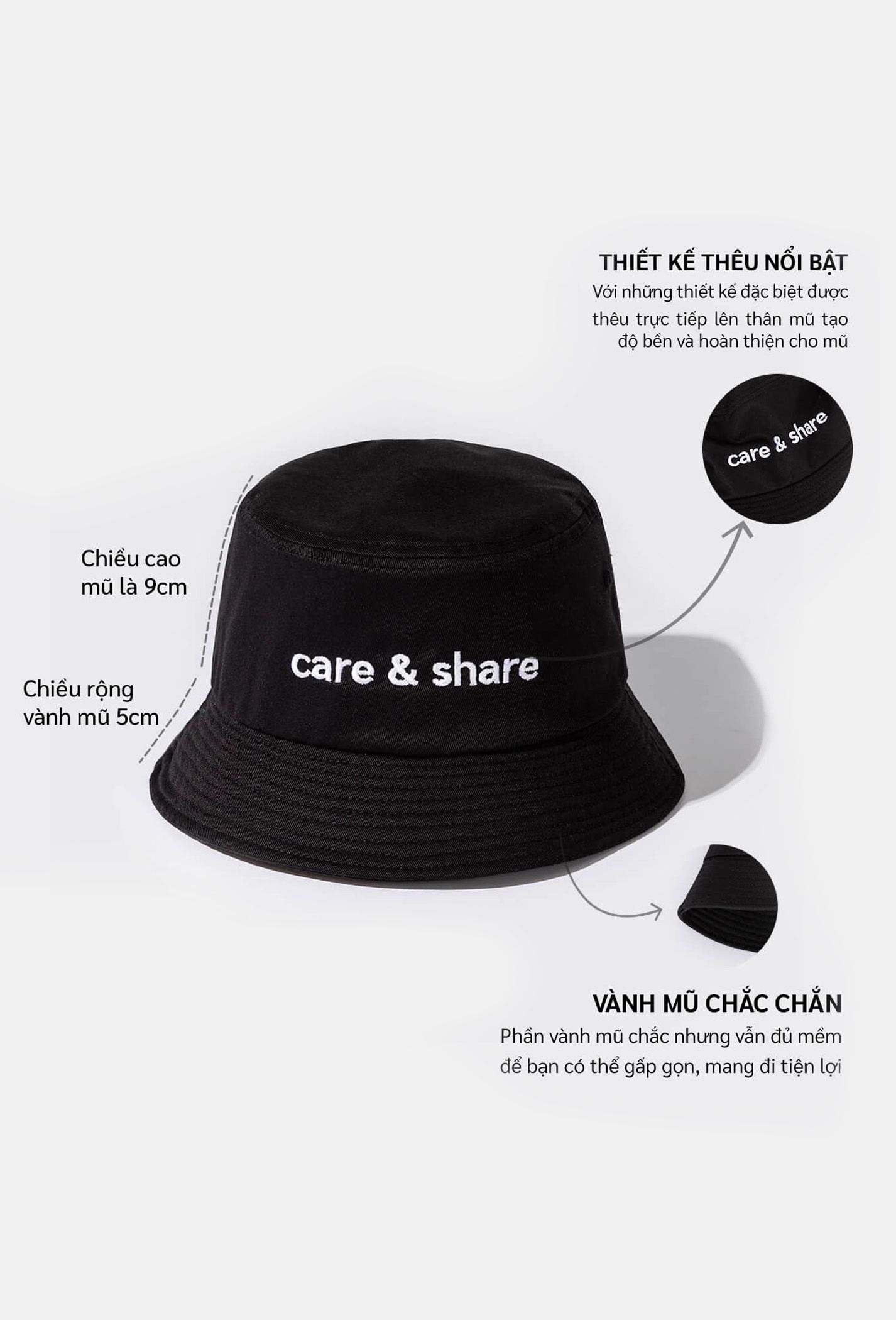 Mũ/Nón Bucket Hat thêu Care & Share Typo Đen 2