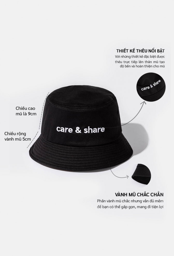 Mũ/Nón Bucket Hat thêu Care & Share Typo more