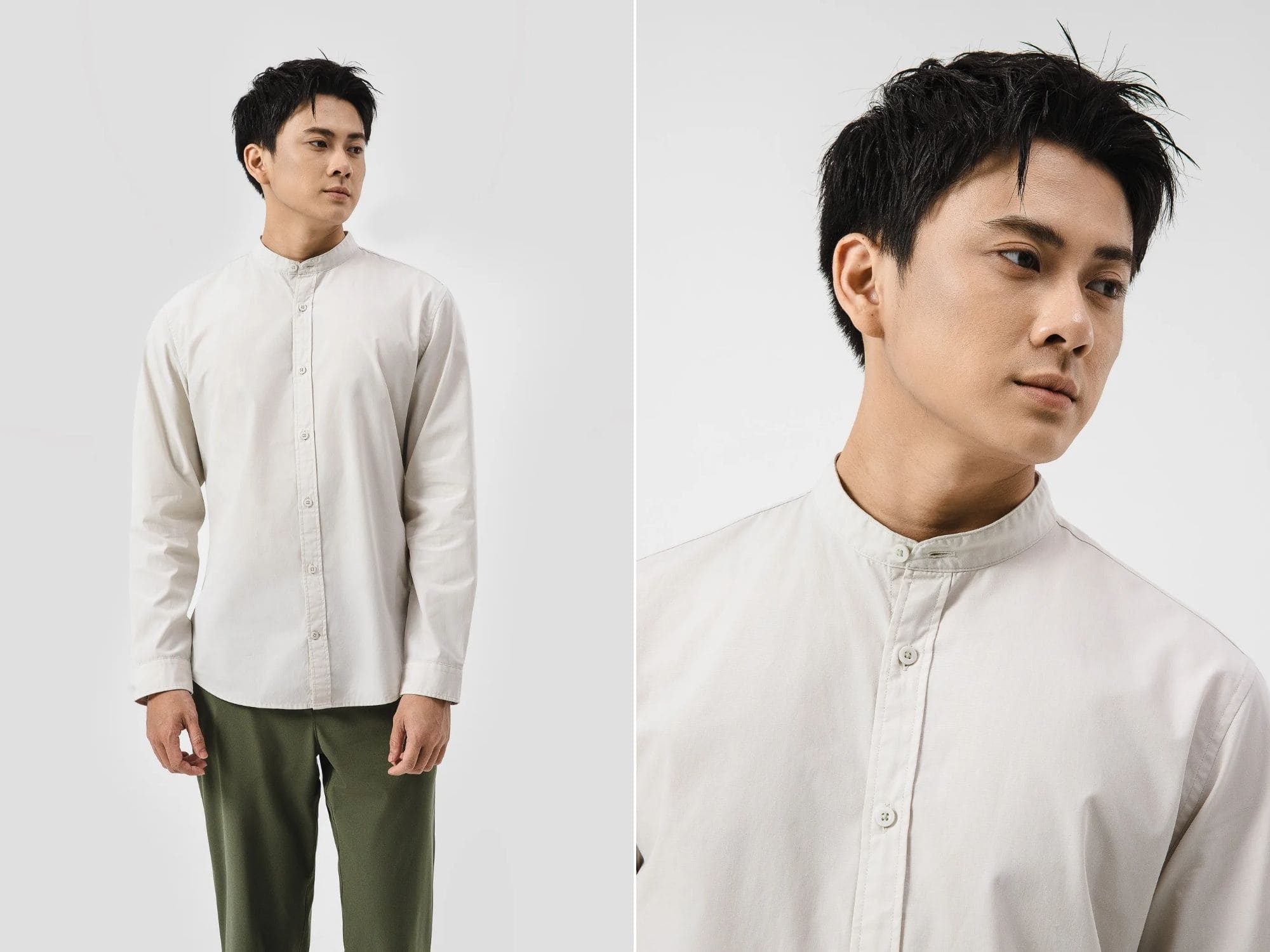 Áo sơ mi cổ tàu Premium Poplin nổi bật với thiết kế cổ đứng đặc trưng